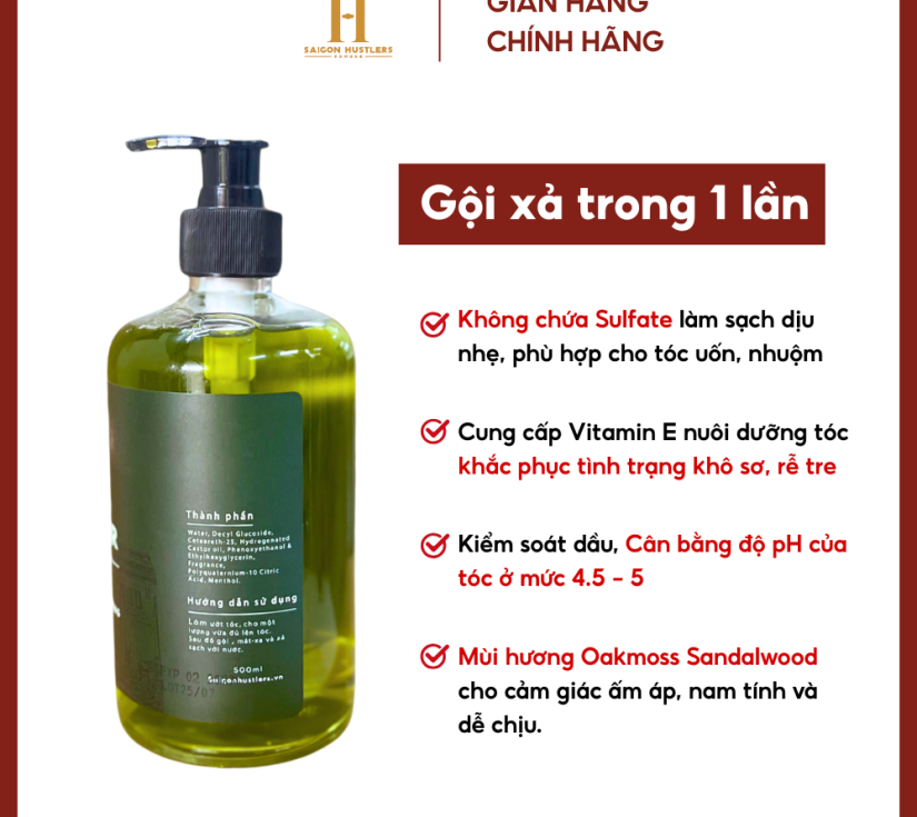 Dầu gội xả nam Shampoo Conditioner 2 In 1 (500ml),không sulfate